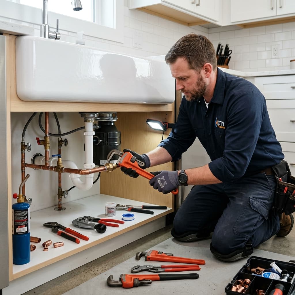 Plumber working under sink